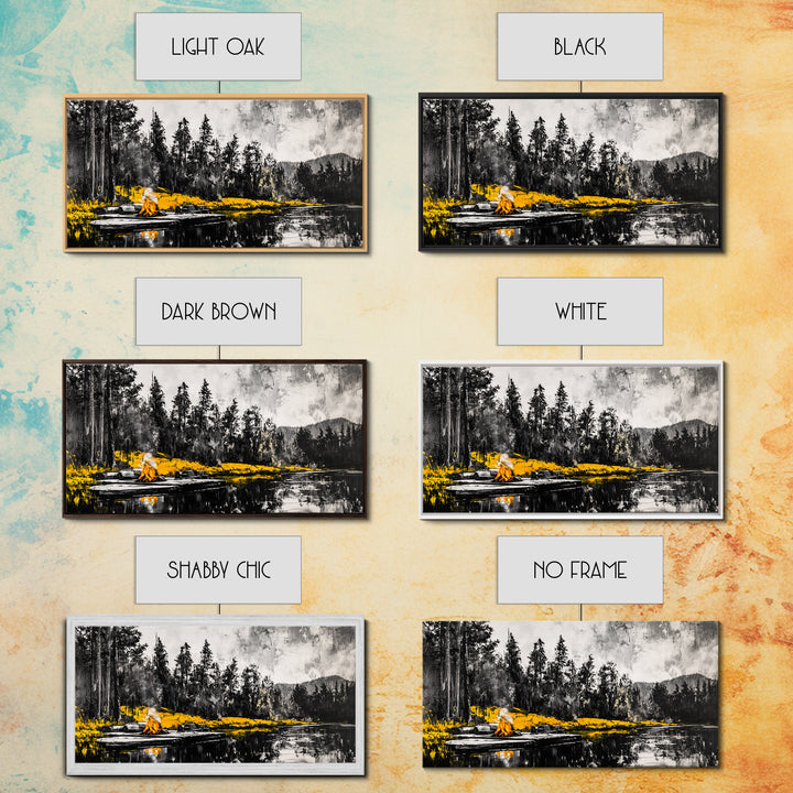 Campfire Forest Painting, Black and White Canvas Print, Nature Wall Decor, Cozy Cabin Artwork, Autumn Inspired Art, Framed Canvas Print