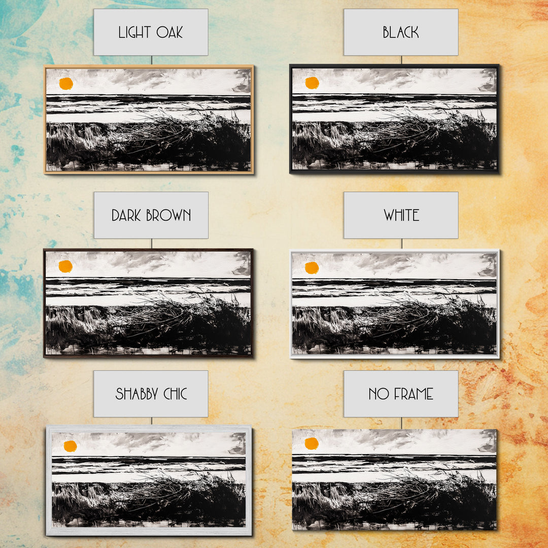 Coastal, Minimalist, Black and White, Framed Canvas Print, Ocean Sunset Wall Art, Beach House Decor, Nautical Artwork, Serene Seascape