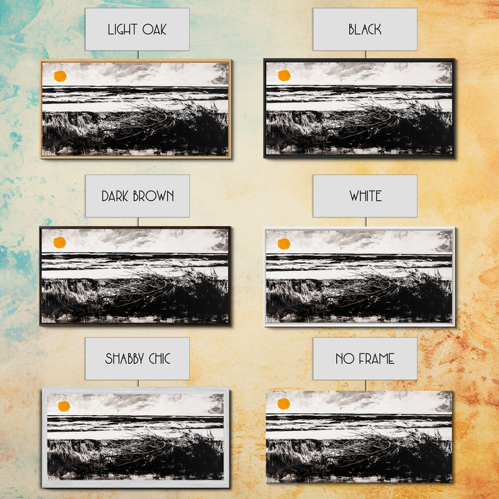 Coastal, Minimalist, Black and White, Framed Canvas Print, Ocean Sunset Wall Art, Beach House Decor, Nautical Artwork, Serene Seascape