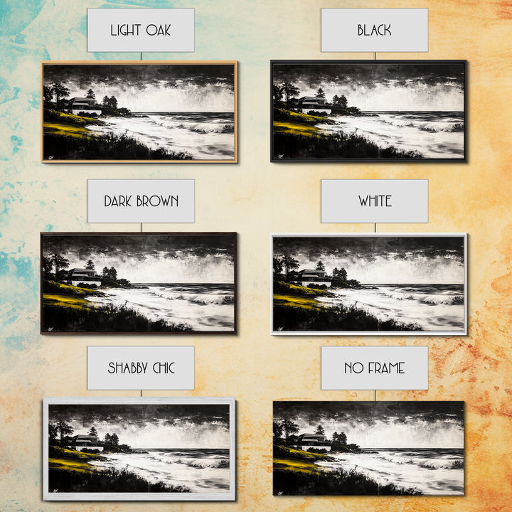 Coastal Landscape, Black and White, Framed Canvas Print, Beach House Wall Art, Nautical Decor, Ocean View Art, Minimalist Seascape