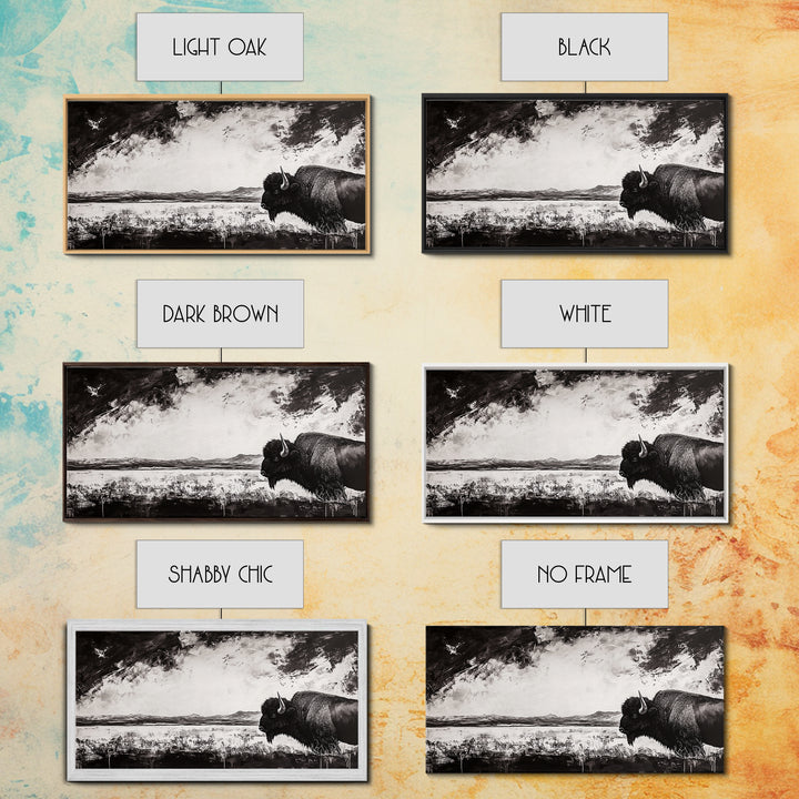 Bison Landscape, Western Art, Black and White Buffalo, Rustic Home Decor, Southwestern Wall Art, Nature Artwork, Framed Canvas Print