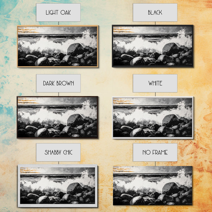 Rocky Shore, Powerful Ocean Waves, Dramatic Black and White Seascape, Coastal Home Decor, Framed Canvas Print, Living Room Accent