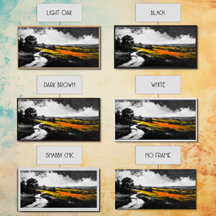 Rolling Hills, Country Path, Black and White Landscape, Canvas Print, Autumn Fields, Minimalist Wall Art, Living Room Decor, Bold Contrast