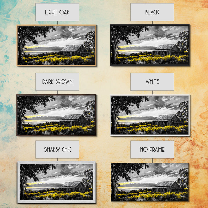 Rustic Cabin, Lake View, Black White Yellow, Large Canvas Print, Country Landscape, Farmhouse Wall Art, Living Room Decor, Framed Artwork