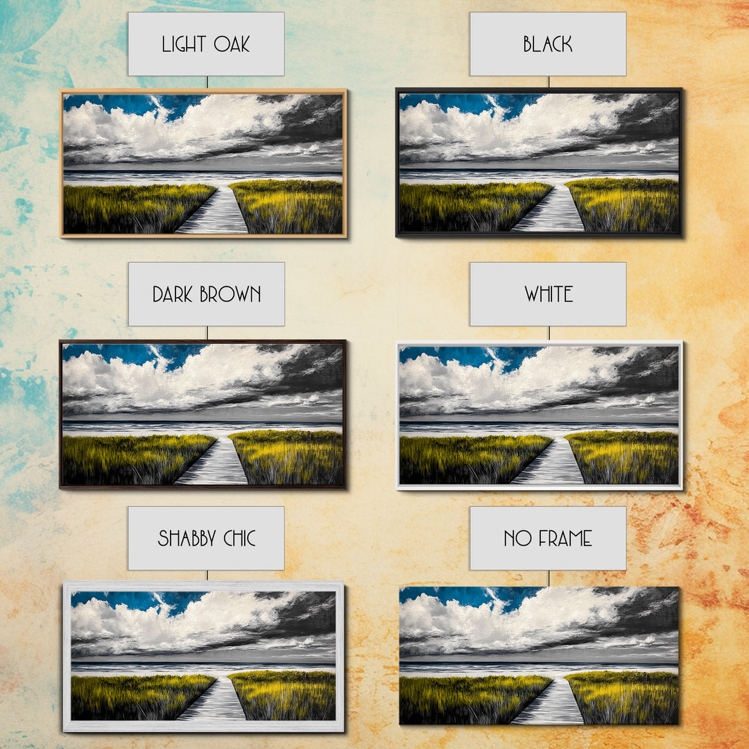 Beach Boardwalk, Coastal Landscape, Black and White Seascape, Nautical Decor, Living Room Artwork, Beach House Scene, Framed Canvas Print