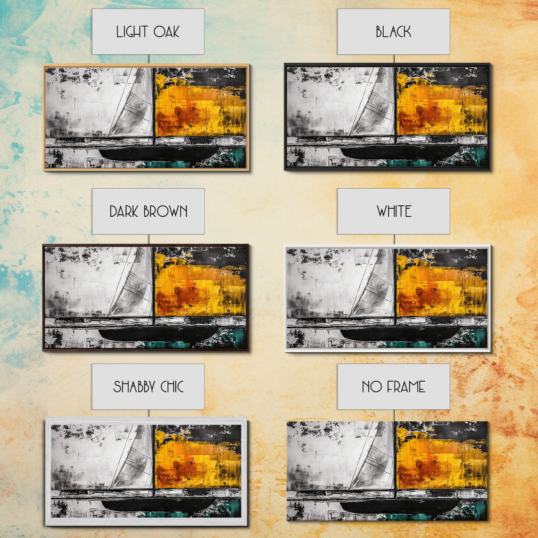 Abstract Sailboat, Nautical Canvas Print, Modern Minimalist Wall Art, Coastal Home Decor, Black and White Painting, Living Room Art