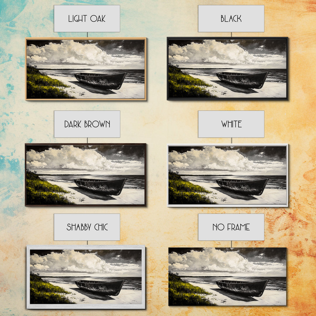 Abandoned Boat, Black White, Seaside Art, Framed Canvas Print, Rustic Beach Decor, Nautical Wall Art, Coastal Print, Office Decor