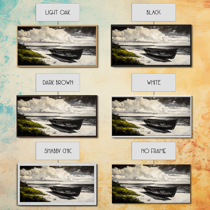 Abandoned Boat, Black White, Seaside Art, Framed Canvas Print, Rustic Beach Decor, Nautical Wall Art, Coastal Print, Office Decor