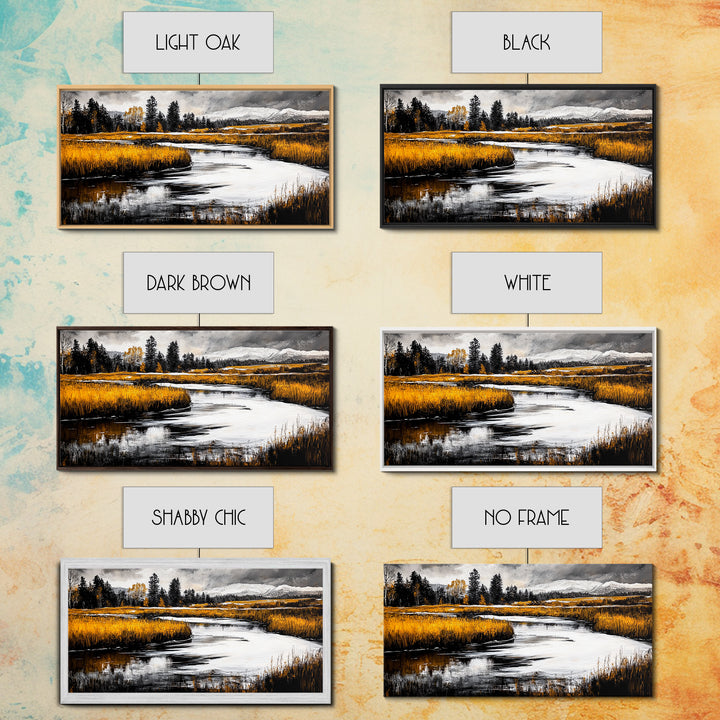 Autumn Landscape, Rustic River Scene, Golden Fields, Nature Wall Art, Farmhouse Style, Cabin Decor, Warm Tones, Framed Canvas Print