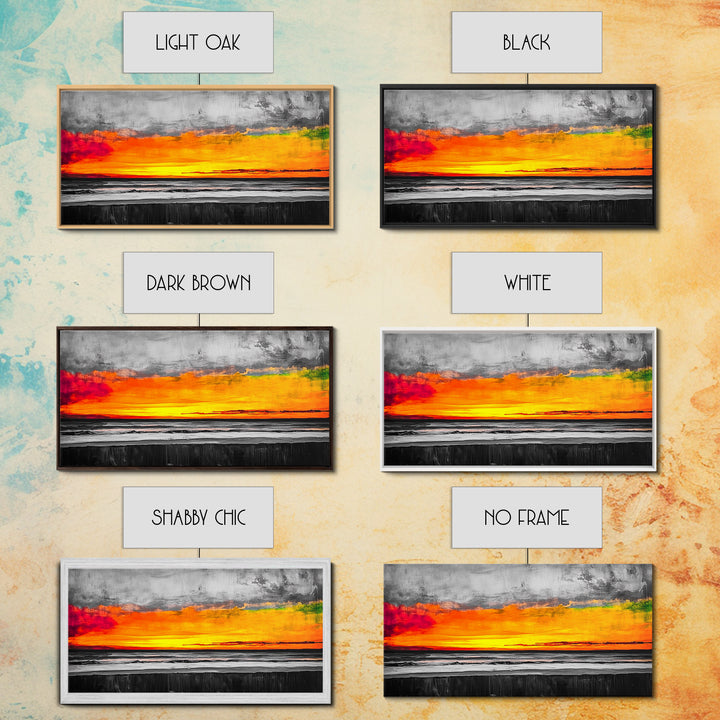 Coastal Sunset, Ocean Horizon, Bold Colors, Black and White Contrast, Modern Abstract, Warm Tones, Large Wall Art, Framed Canvas Print ?