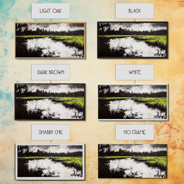 River Reflection, Nature Art, Moody Landscape, Modern Canvas Print, Green and Black, Office Wall Art, Minimalist Home Decor, Rustic Art