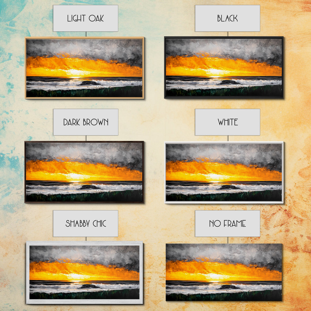 Ocean Sunset, Dramatic Clouds, Beach Waves, Framed Canvas Print, Coastal Wall Art, Living Room Art, Large Wall Decor