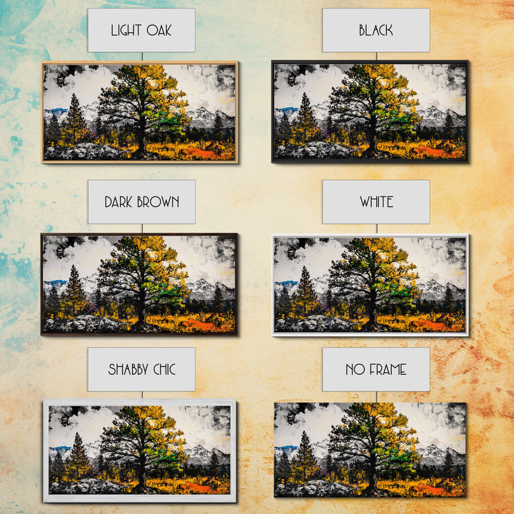 Autumn Tree Art, Mountain Landscape Painting, Fall Wall Decor, Nature Lover Gift, Framed Canvas Print, Rustic Cabin Home Accent