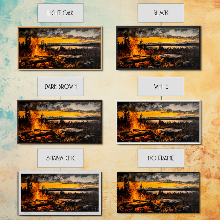 Campfire, Mountain Art, Sunset Landscape, Wilderness Print, Outdoor Wall Art, Adventure Home Decor, Cabin Wall Art, Framed Canvas Print