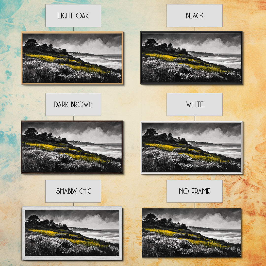 Coastal Meadow, Floral Landscape, Beach Painting, Black and White Art, Nature Wall Decor, Minimalist Art, Framed Canvas Print, Gift Idea