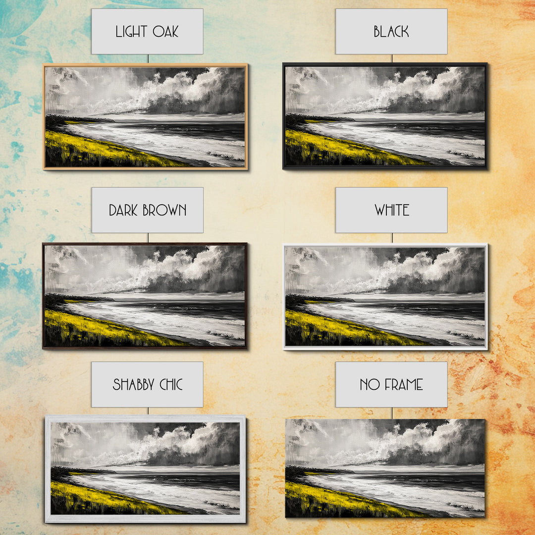 Coastal Horizon, Ocean Beach Art, Black and White Wall Decor, Dramatic Sky, Yellow Grass, Modern Landscape, Serene View, Framed Canvas Print