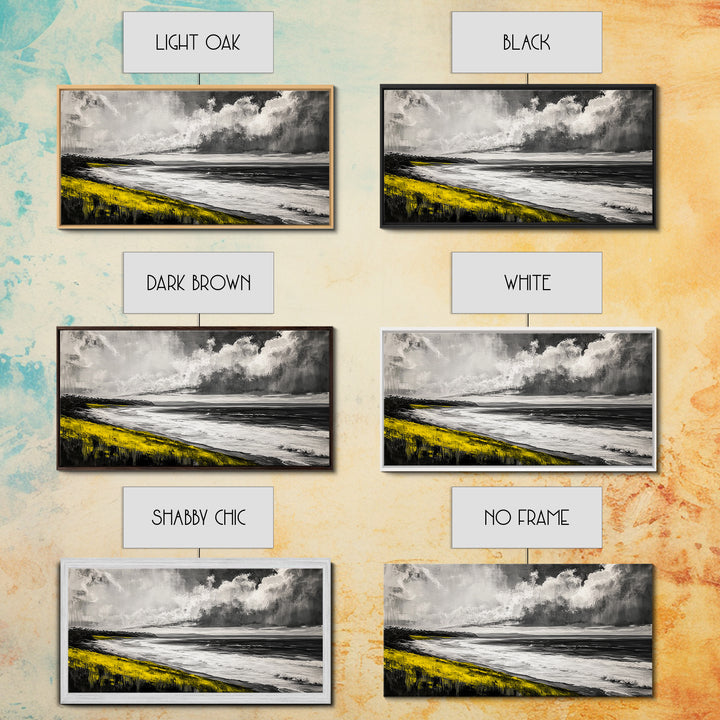 Coastal Horizon, Ocean Beach Art, Black and White Wall Decor, Dramatic Sky, Yellow Grass, Modern Landscape, Serene View, Framed Canvas Print