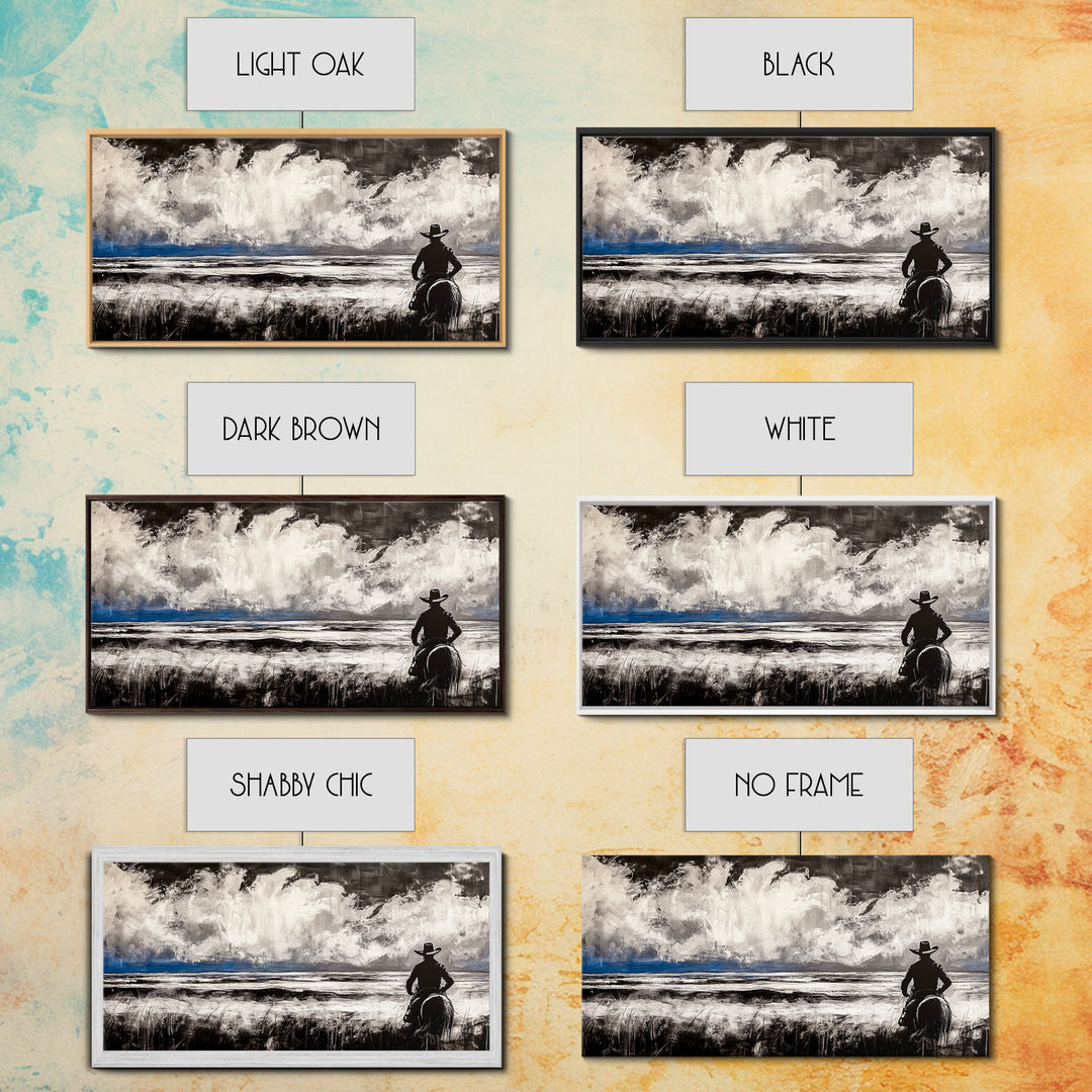 Cowboy Horizon, Western Landscape, Rustic Horse Rider, Framed Canvas Print, Southwestern Home Decor, Black and White Wall Art