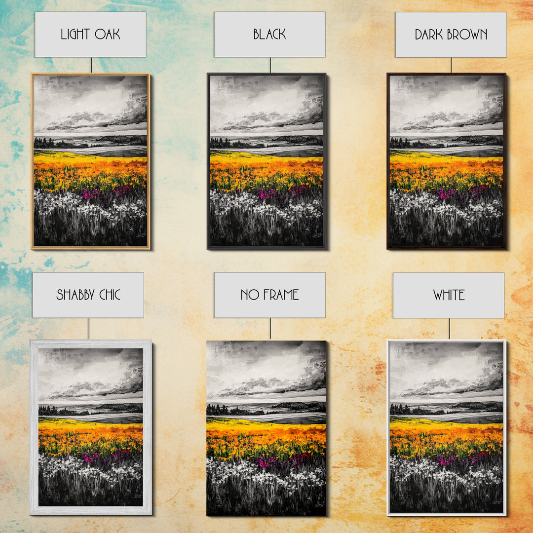 Black White Landscape, Yellow Wildflower Field, Nature Wall Art, Rustic Farmhouse Art, Country Home Decor, Office Art, Framed Canvas Print