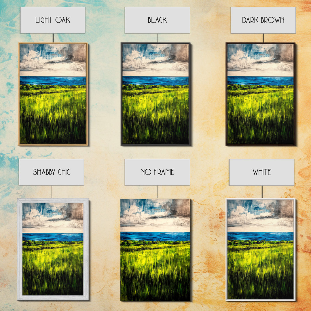 Coastal Landscape, Ocean View, Green Fields, Framed Canvas Print, Serene Wall Art, Nature Inspired, Tranquil Beach Decor, Modern Art