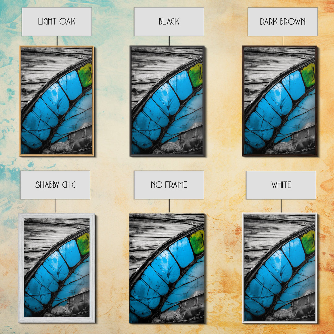 Butterfly Wing Close-up, Nature Photography, Framed Canvas Print, Rustic Wall Art, Minimalist Decor, Blue Abstract Art, Bedroom Wall Decor