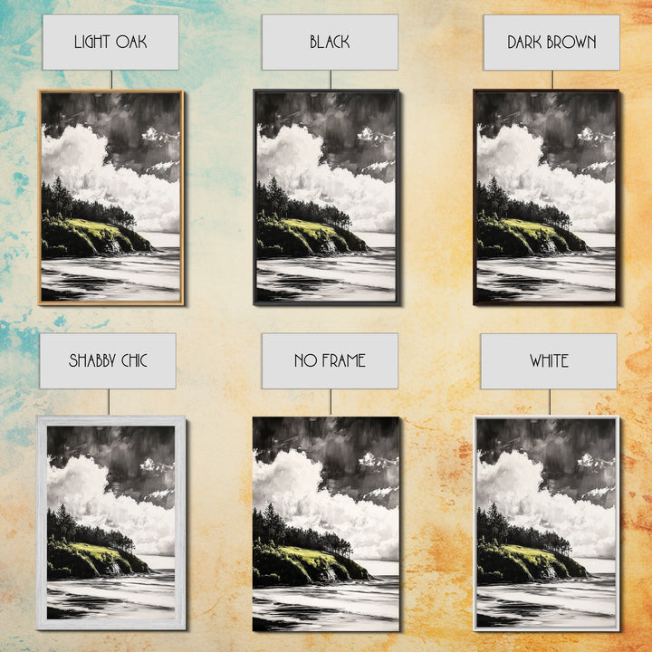 Coastal Cliffs, Black and White Landscape, Moody Sky Painting, Rustic Nature Wall Art, Office Decor, Framed Canvas Print