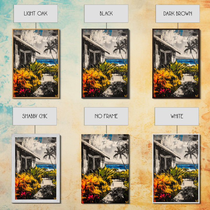 Beach House Path, Black White Coastal Art, Yellow Green Foliage, Tropical Landscape, Ocean Wall Decor, Beach Home, Framed Canvas Print