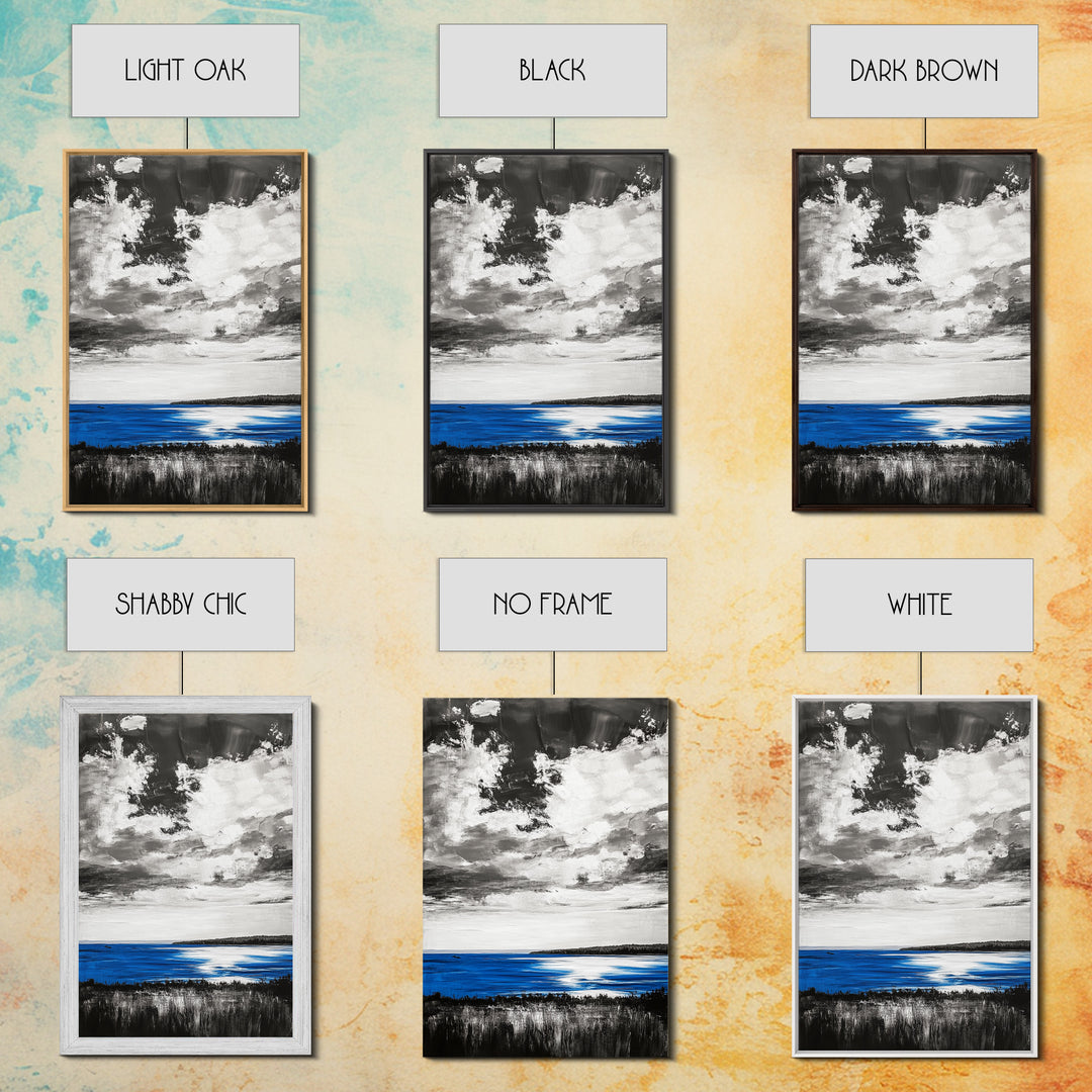 Blue Horizon, Ocean Landscape, Coastal Wall Art, Black and White Sky, Beach House Decor, Modern Art, Framed Canvas Print, Tranquil Design