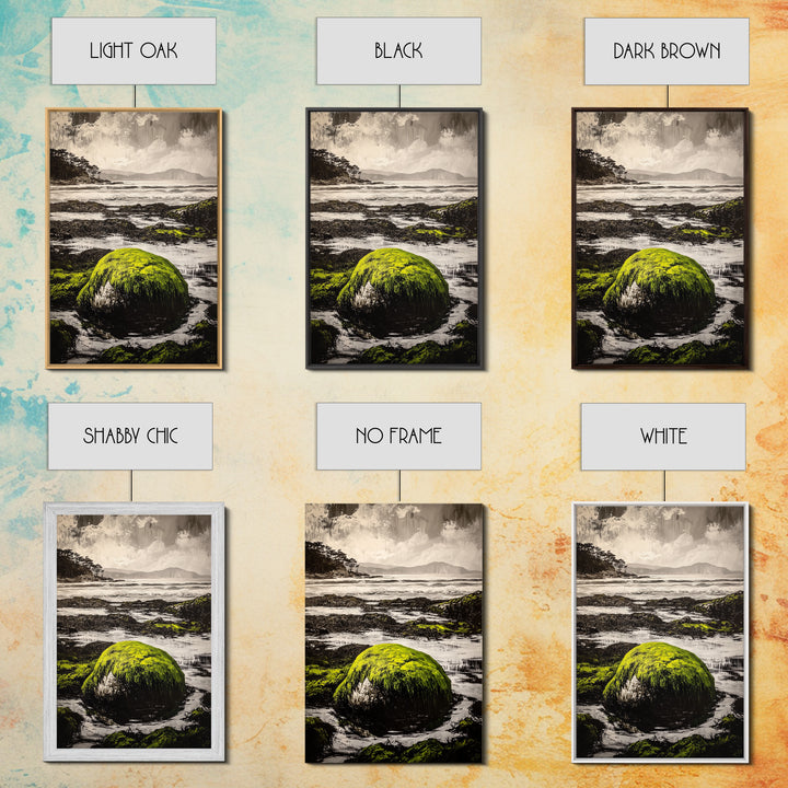 Coastal Rocks, Mossy Shore, Framed Canvas Print, Ocean Landscape, Beach House Wall Art, Nautical Decor, Green Nature, Relaxing Art