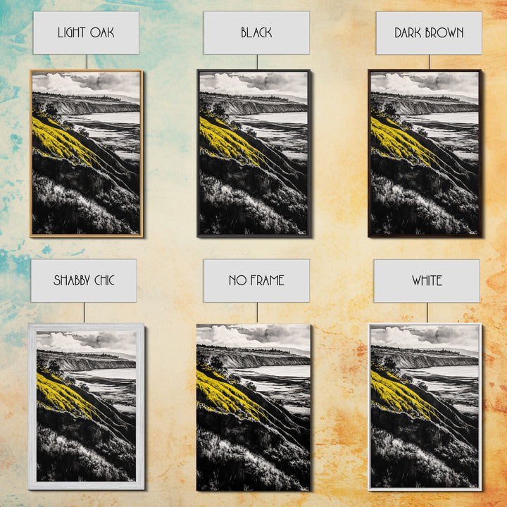 Cliffs, Ocean View, Framed Canvas Print, Coastal Landscape, Beach House Decor, Nature Wall Art, Black White Yellow Art, Scenic View