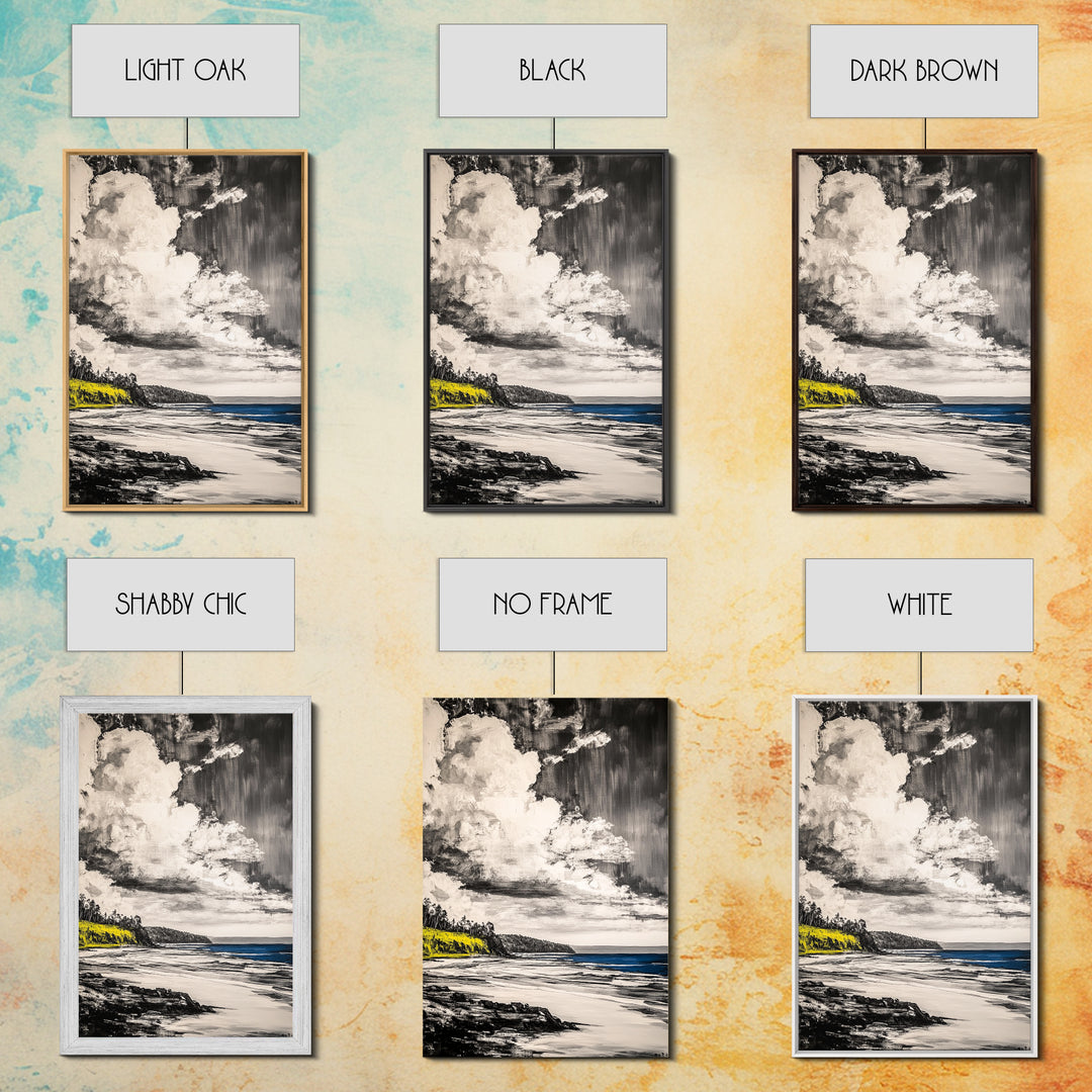 Cliffside View, Ocean Horizon, Cloudy Sky, Framed Canvas Print, Beach House Decor, Monochrome Wall Art, Relaxing Scenery
