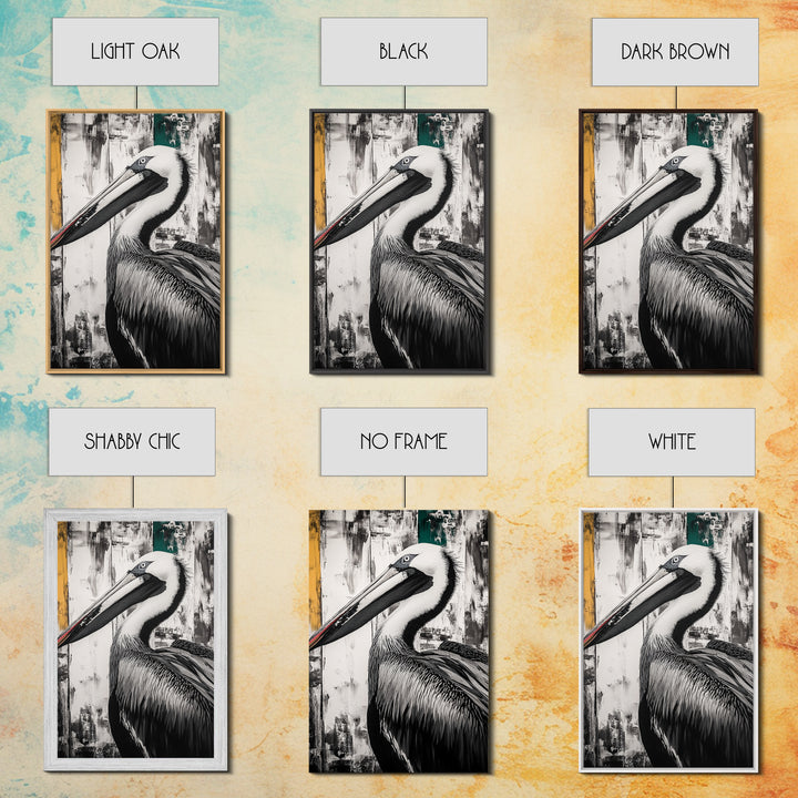 Pelican Portrait, wildlife wall art, coastal nature painting, black and white bird decor, modern beach house print, framed canvas print