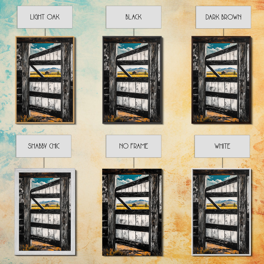 Barn Door View, Mountain Escape, Rustic Scene, Framed Canvas Print, Western Wall Art, Cabin Decor, Farmhouse Style, Country Living