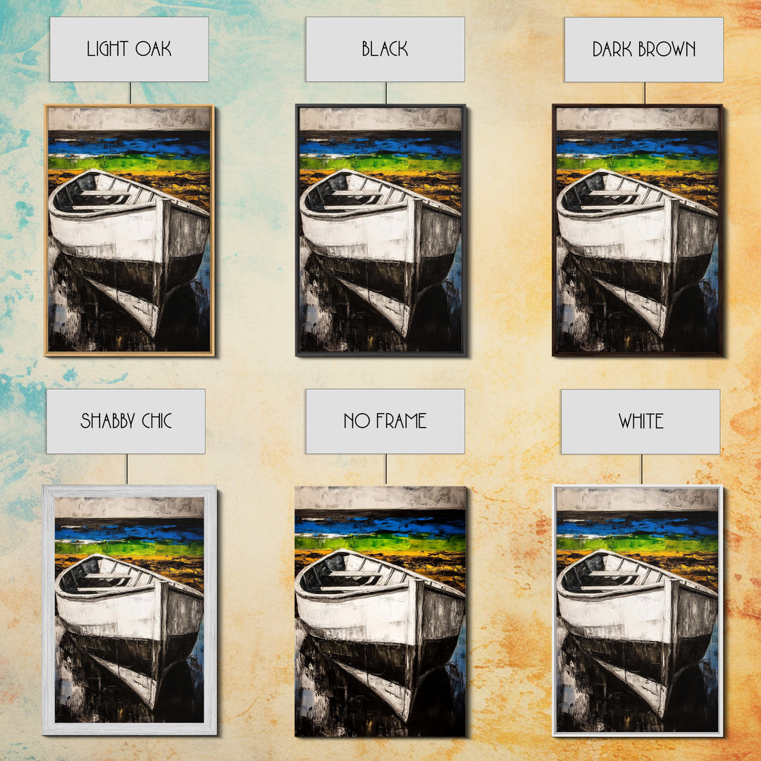 Coastal Rowboat, Black and White Boat Painting, Nautical Seascape Art, Rustic Beach House Decor, Framed Canvas Print, Bedroom Art