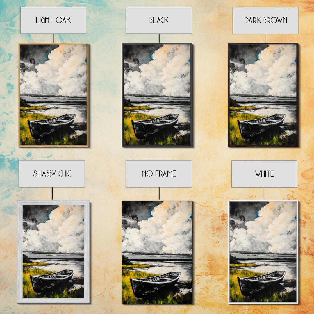 Rowboat Reflection, Rustic Lake Art, Black and White Boat Print, Tranquil Nature Scene, Living Room Wall Decor, Nautical Canvas Print