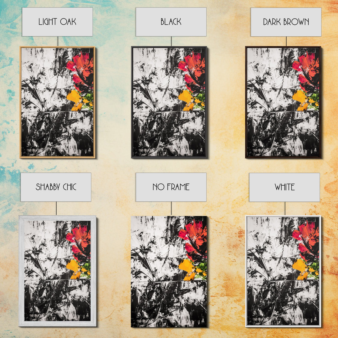 Abstract Flowers, Black and White, Red Floral Art, Bold Wall Decor, Modern Art, Framed Canvas Print, Minimalist Living Room Art