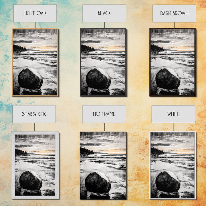 Rocky Beach, Sunset Landscape, Black White Gold, Framed Canvas Print, Coastal Wall Art, Nature Painting, Serene Home Decor