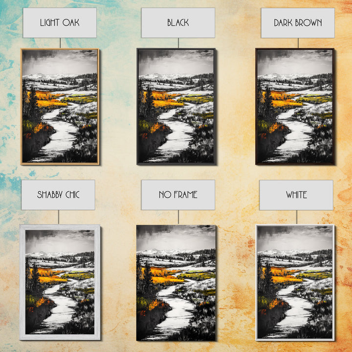 Autumn River, Fall Landscape, Black White Orange, Framed Canvas Print, Nature Wall Art, Cabin Decor, Rustic Home Painting