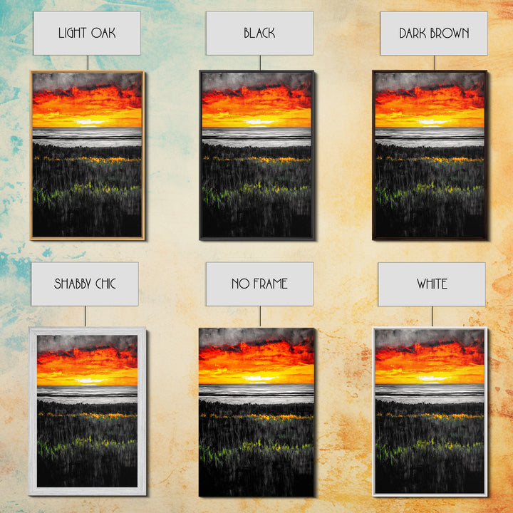 Bold Sunset, Coastal Horizon, Modern Landscape, Framed Canvas Print, Vibrant Seascape Art, Minimalist Beach Decor, Living Room Wall Art