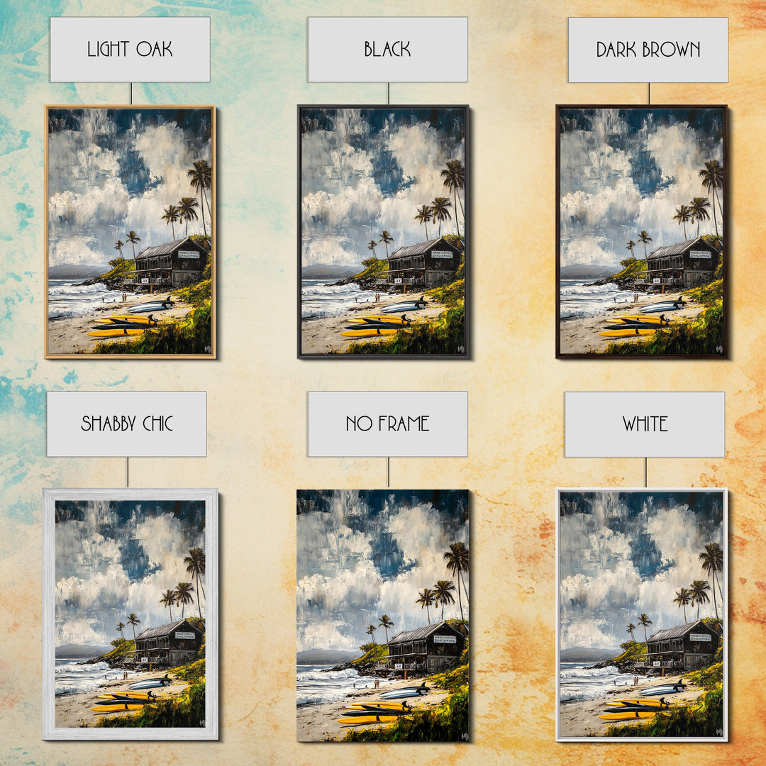 Beach Surf Shack, Tropical Art, Coastal Wall Decor, Nautical Framed Canvas Print, Surfing Gift, Ocean Sunset, Living Room Art