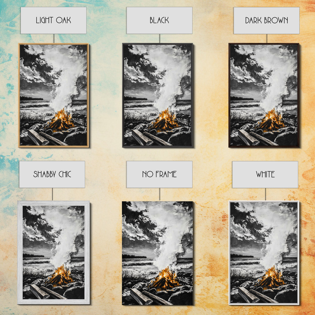 Bonfire on Beach, Coastal Sunset, Framed Canvas Print, Fall Wall Art, Warm Glow Art, Ocean Inspired Decor, Rustic Firelight, Home Accent