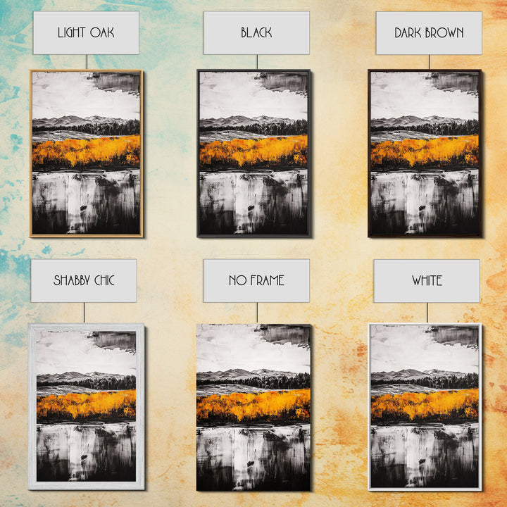 Autumn Mountain Scene, Yellow Trees Reflection, Black White Landscape, Rustic Cabin Art, Cozy Fall Wall Decor, Framed Canvas Print