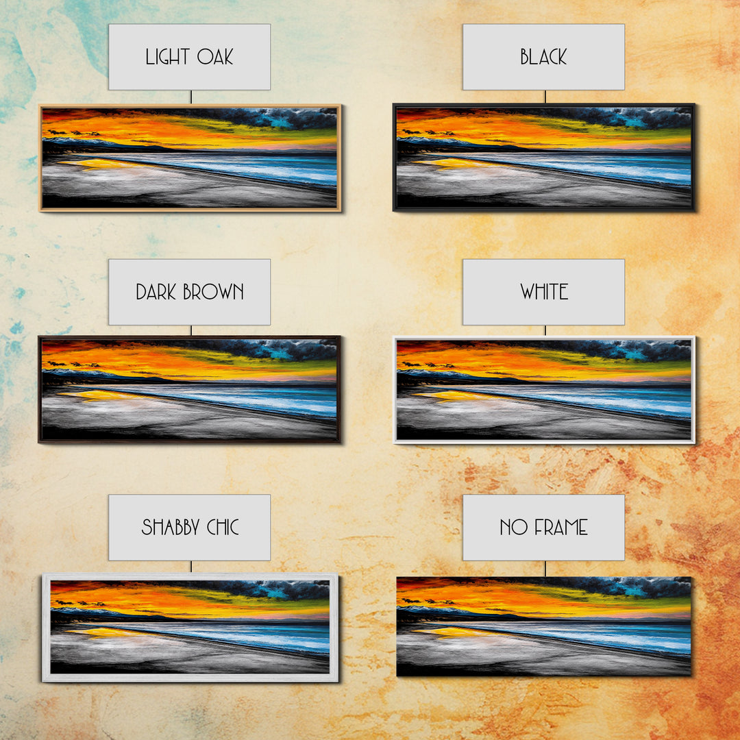 Dramatic Beach Sunset, Golden Coastal Painting, Moody Ocean Wall Art, Vibrant Seascape Print, Tropical Home Decor, Framed Canvas Print