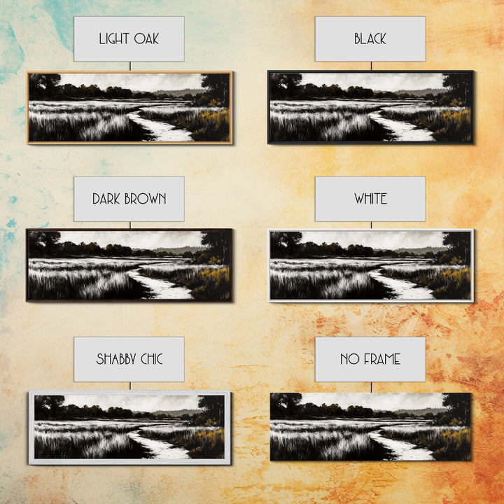 Black and White Marsh, Rustic Landscape, Moody Wall Art, Minimalist Nature Print, Framed Canvas Print, Bedroom Wall Decor