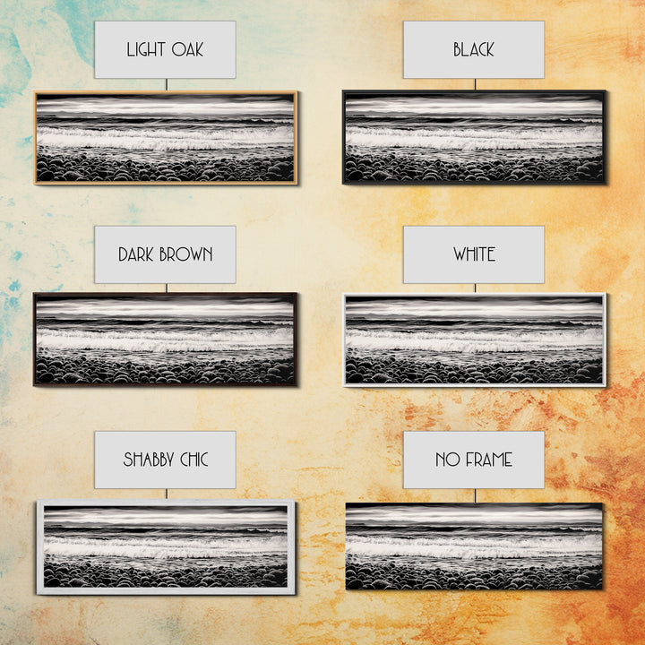 Black and White, Pebble Beach, Monochrome Ocean Art, Coastal Canvas Print, Minimalist Wall Art, Living Room Decor, Framed Canvas Print