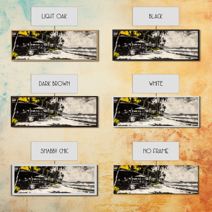 Beachside Restaurant, Ocean Waves, Coastal Cafe, Palm Trees, Framed Canvas Print, Tropical Wall Art, Living Room Art, Nautical Decor