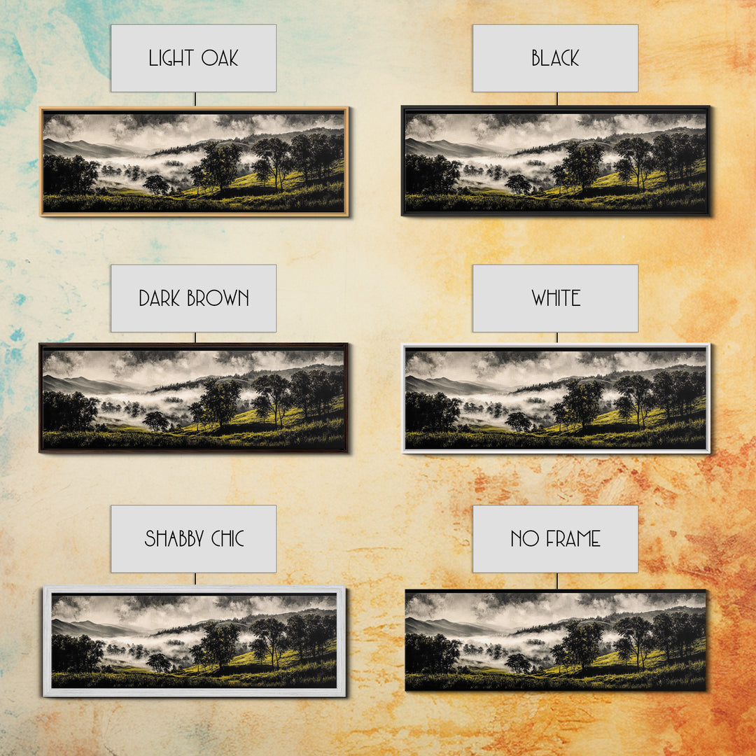 Rolling Hills, Misty Landscape, Moody Mountain Art, Nature Inspired Decor, Framed Canvas Print, Living Room Wall Art, Dramatic Foggy Scene