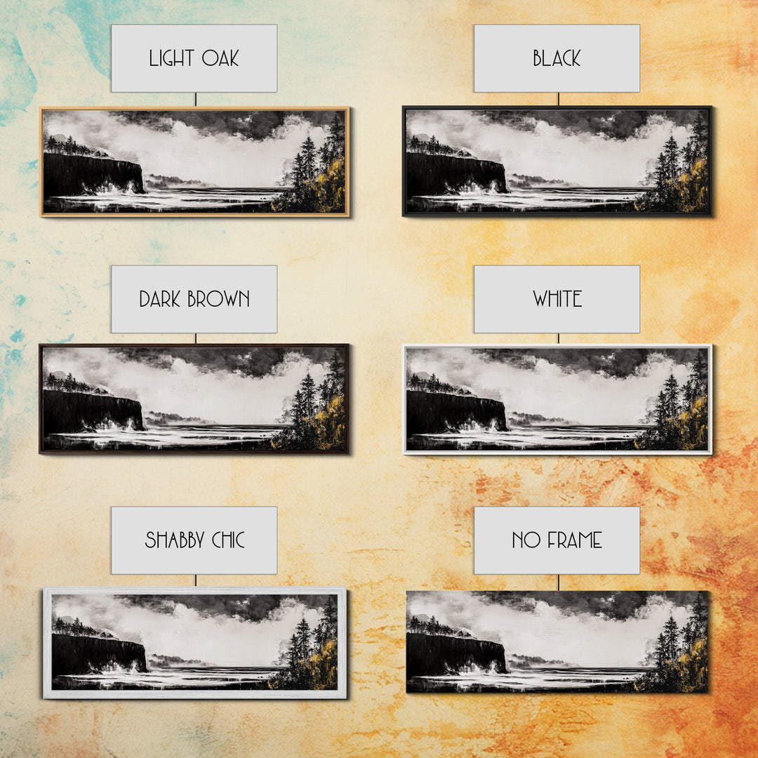 Cliffside Ocean, Dramatic Seascape, Moody Coast, Monochrome, Framed Canvas Print, Coastal Wall Art, Nautical Decor, Large Wall Art