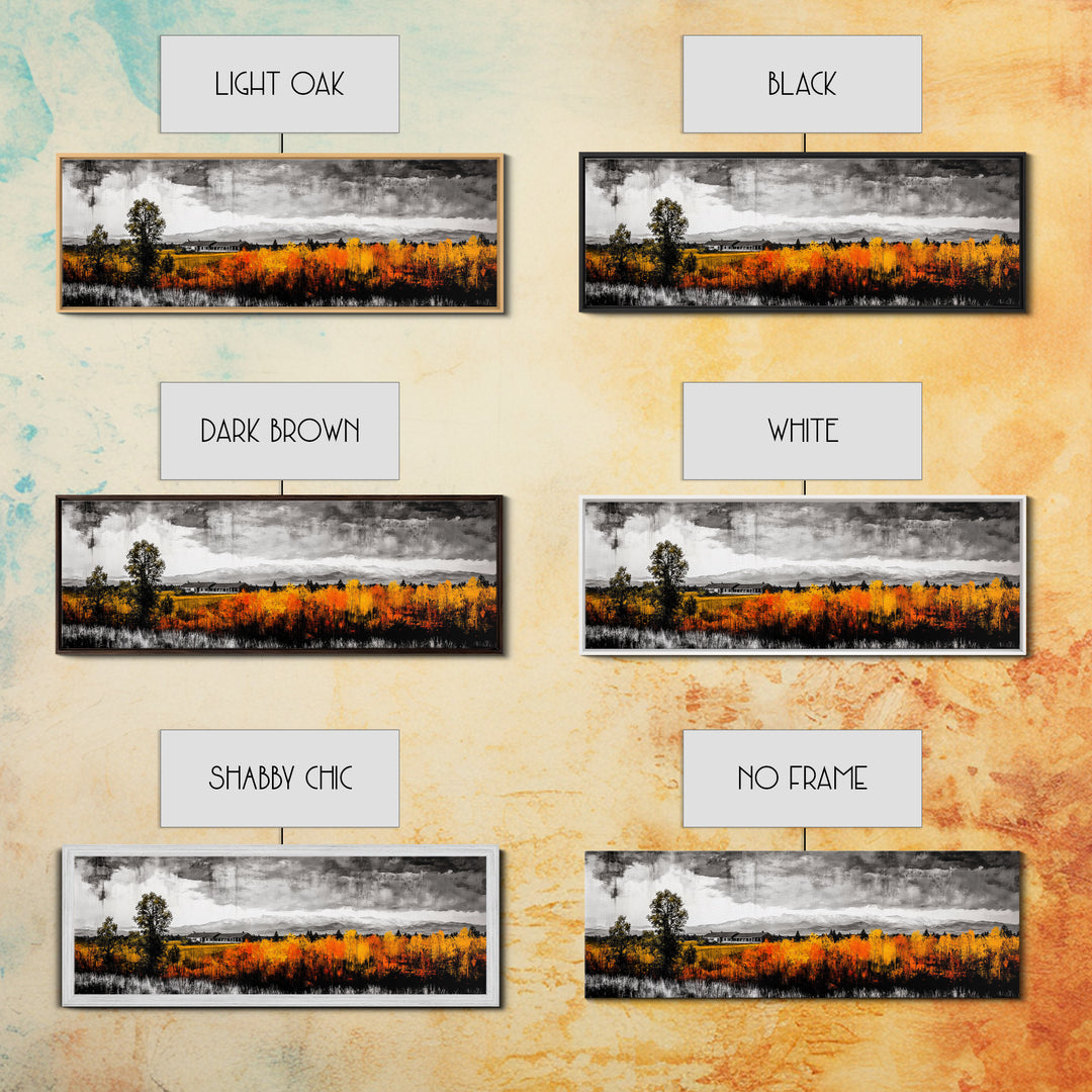 Autumn Landscape, Rustic Cabin Art, Mountain View, Fall Trees, Country Home, Black and White, Living Room Decor, Framed Canvas Print