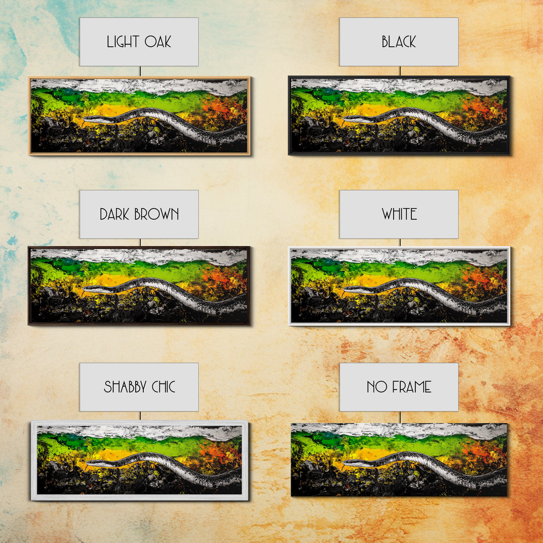 Abstract Snake, Vibrant Reptile Art, Jungle Theme, Wildlife Painting, Green and Yellow, Bold Nature Print, Framed Canvas Print